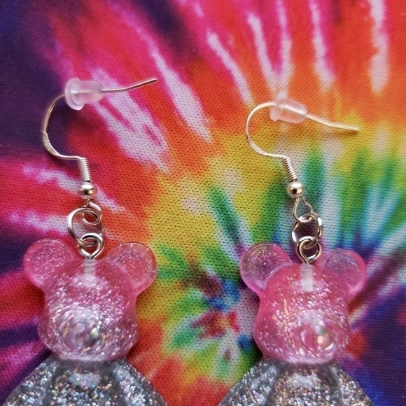 Handmade Lightweight Ombre Glitter Pink Blue Silver Teddy Bear Earrings - Picture 3 of 5